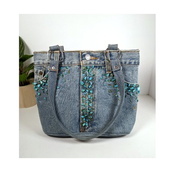 VTG Hand & Heart Walnut CA Hand MadeTURQUOISE Stones DENIM SHOULDER Bag BEADED - Picture 2 of 11